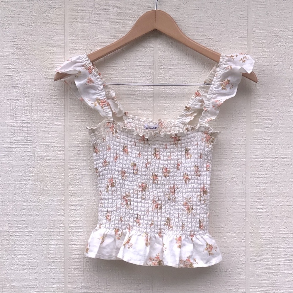Reformation June bug Floral Smocked ruffle sleeves off white cropped Tank Top